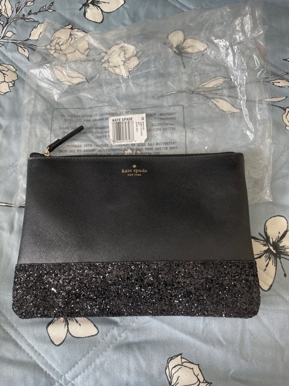 kate spade Black Two-Tone Glitter Zip Pouch NWOT